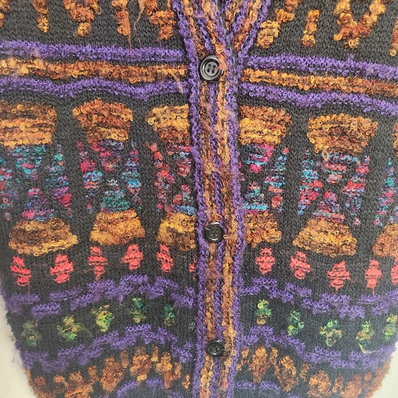 Vintage 90s Textured 3D Knit Bright Abstract V-Neck Cardigan Sweater Size Medium - Picture 3 of 11